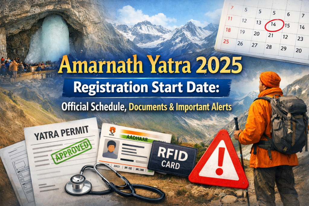 Amarnath Yatra 2026 Registration Start Date — montage of the Amarnath cave, a circled calendar date, a pilgrim with a backpack, Yatra permit, Aadhaar/RFID card and a warning sign.