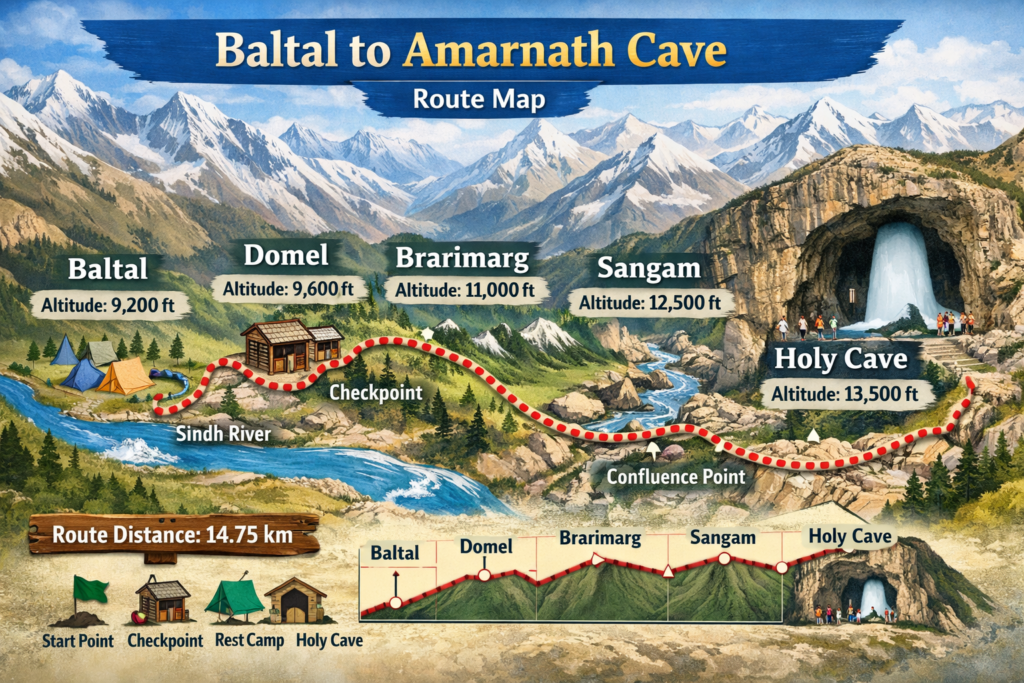 Illustrated route map of the 14.75 km Baltal to Amarnath Cave trek with a red-dotted path through Baltal, Domel, Brarimarg, Sangam to the Holy Cave and elevation labels